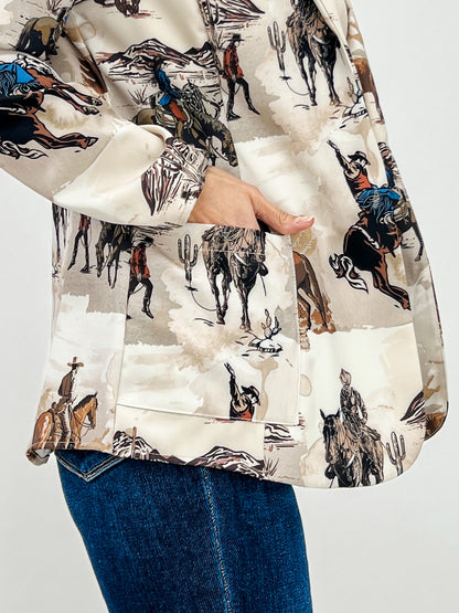 Western Cowboy Print Woven Blazer with Pocket