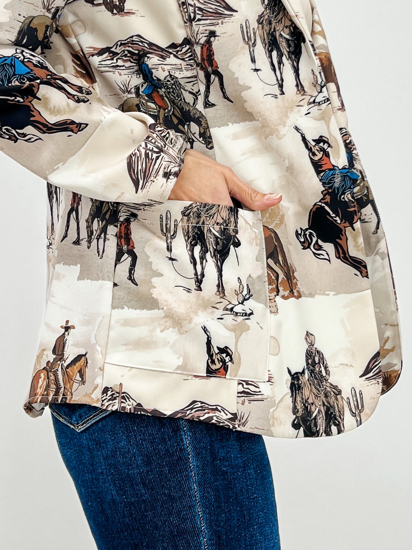 Western Cowboy Print Woven Blazer with Pocket