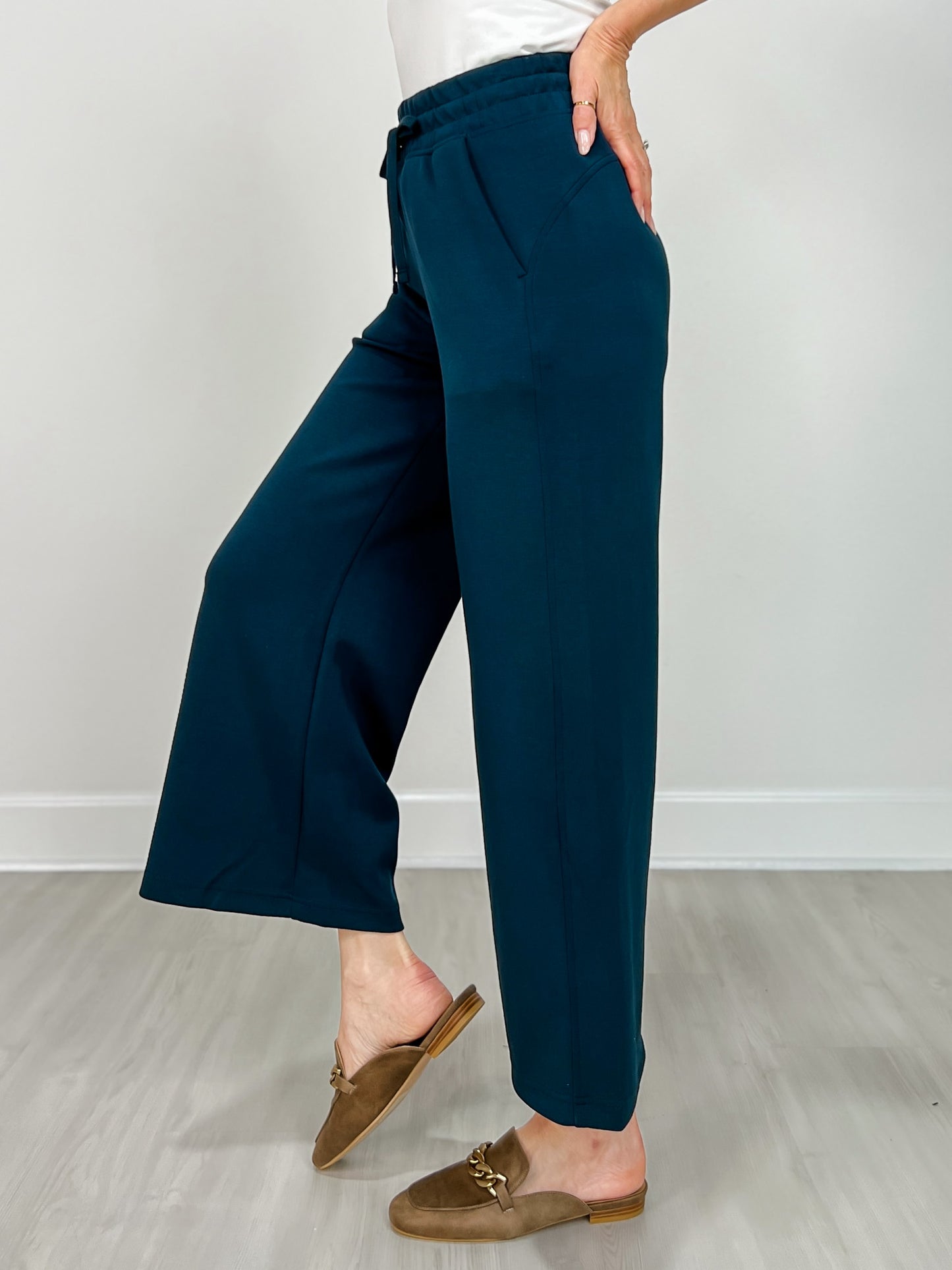 Modal Scuba Cropped Wide Pant in Teal Navy