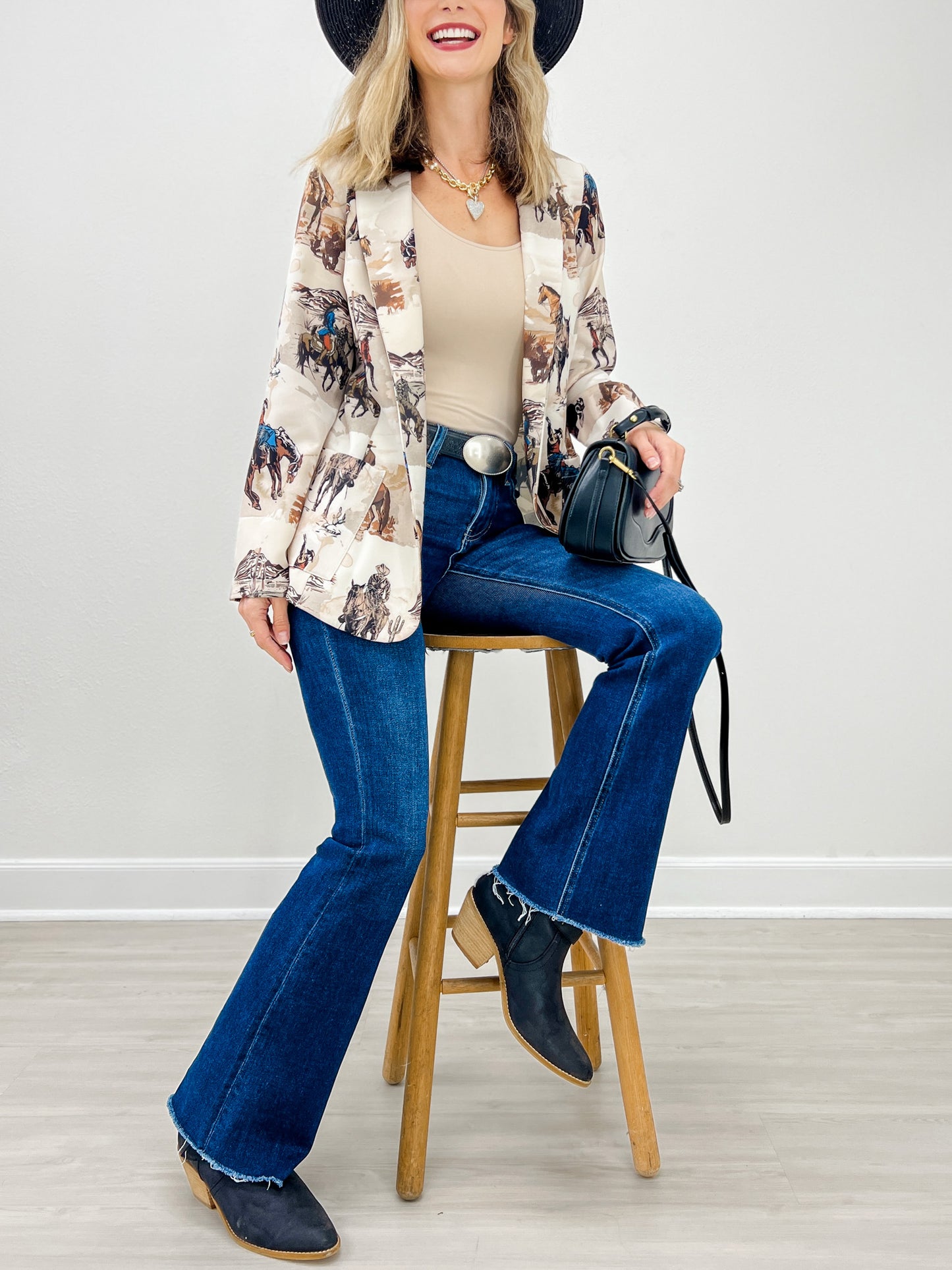 Western Cowboy Print Woven Blazer with Pocket