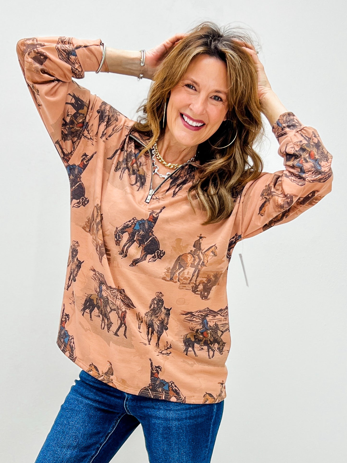 Western Print 1/4 Zip French Terry Pullover
