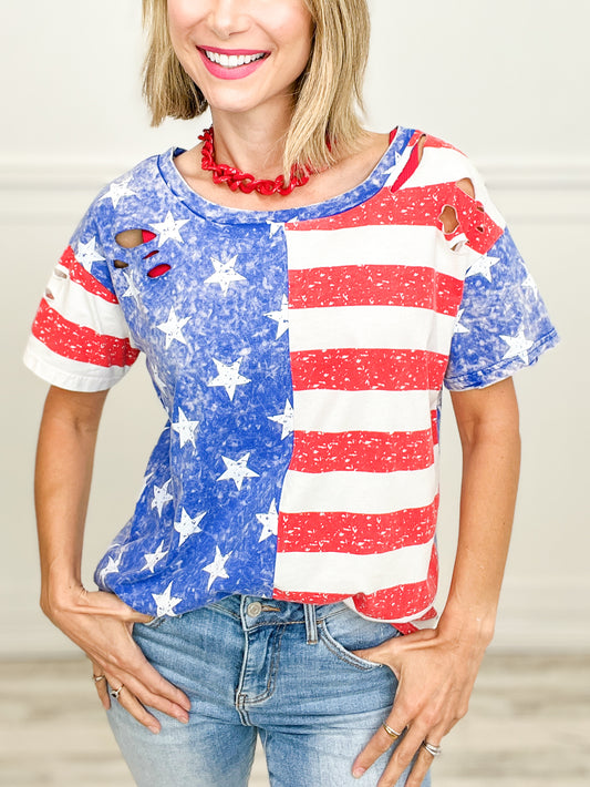 LASER CUT MINERAL WASHED OLD GLORY TOP