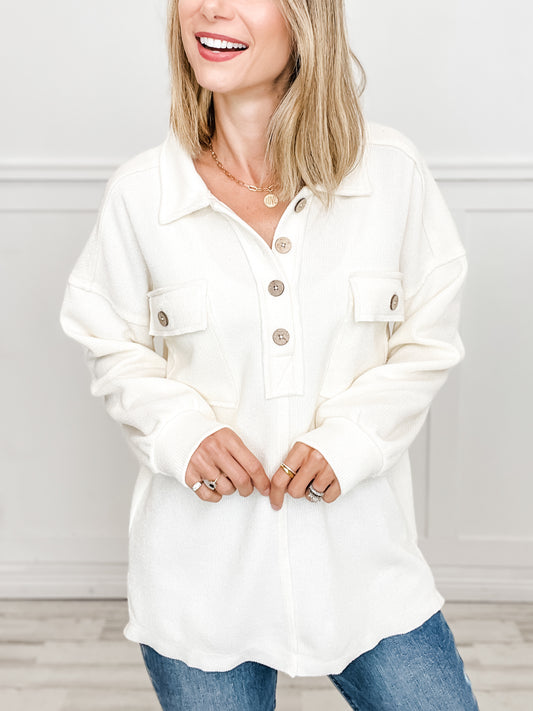 Collared Button Down Henley Knit Top With Pockets