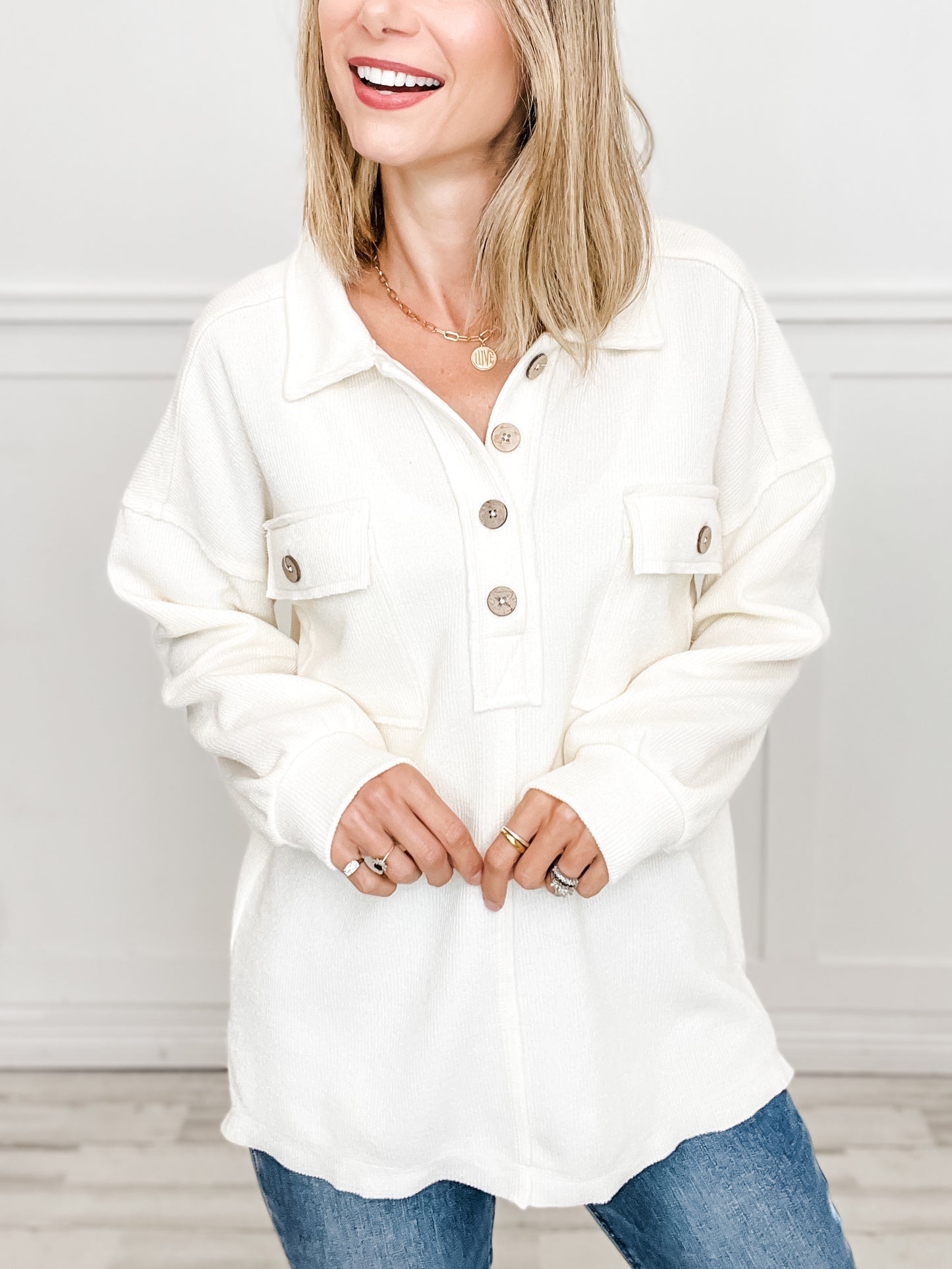 Collared Button Down Henley Knit Top With Pockets