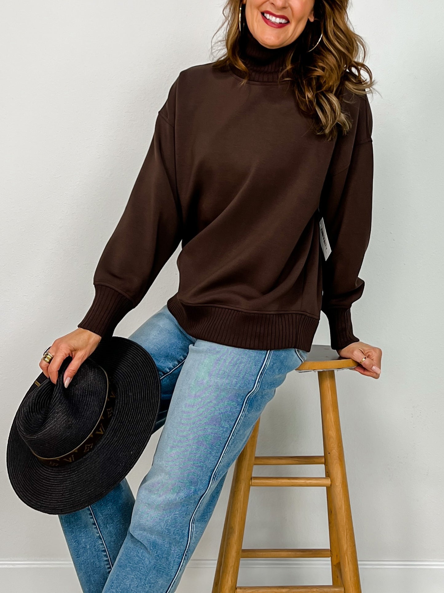 Modal Scuba Ribbed Mock Neck Pullover in Espresso