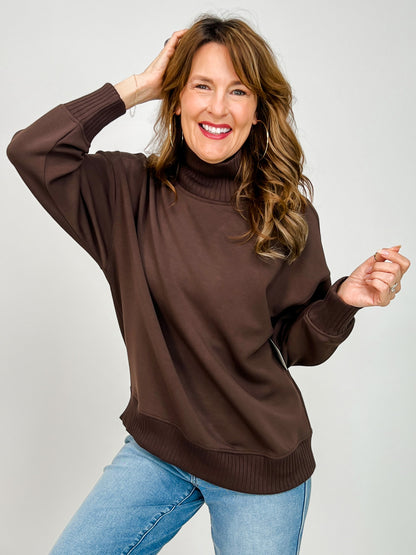 Modal Scuba Ribbed Mock Neck Pullover in Espresso
