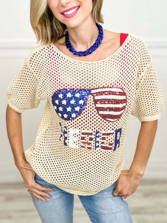 SEQUIN AMERICAN FLAG SUNGLASSES WITH MERICA LETTERING OPEN KNIT TOP