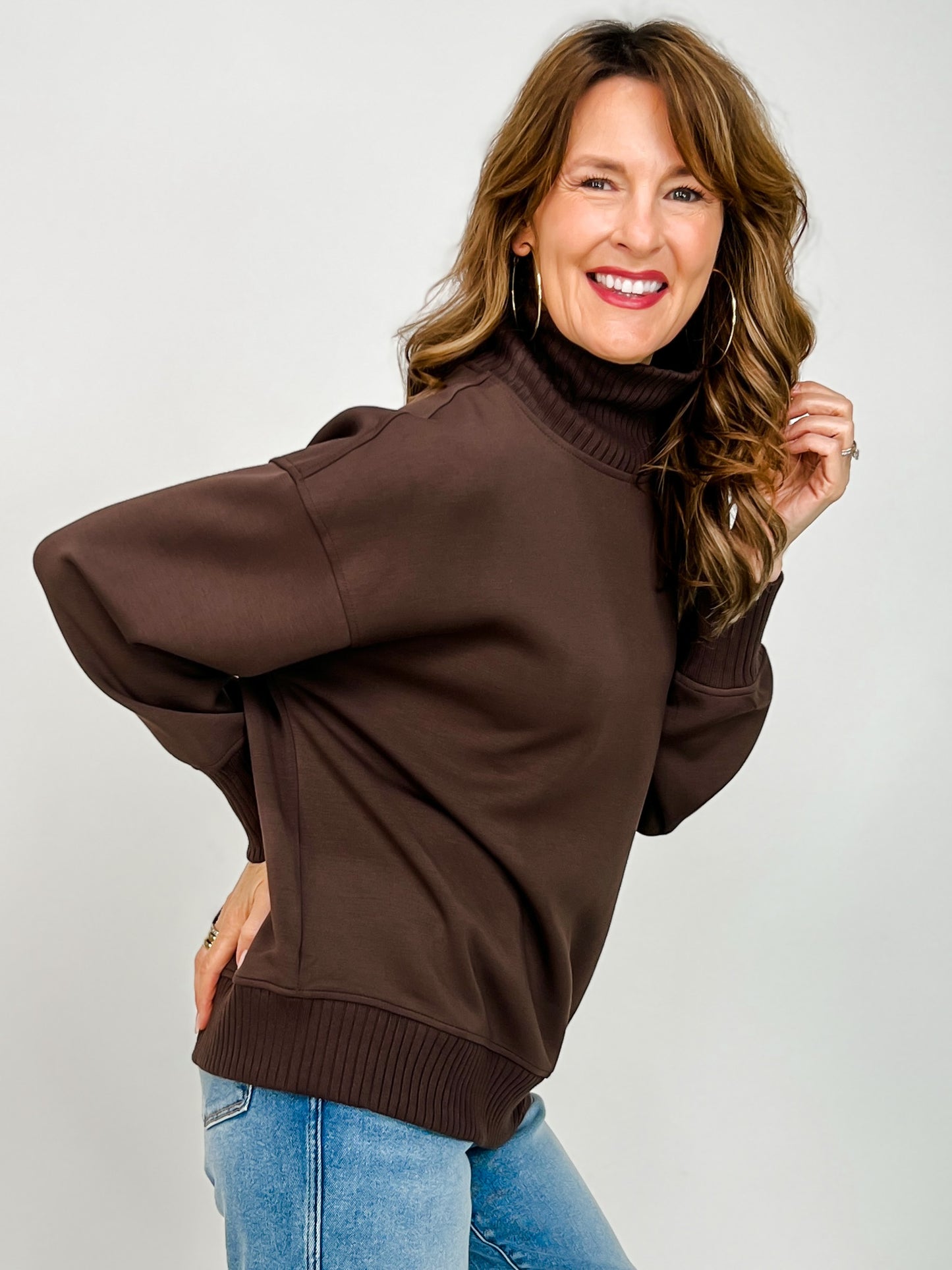 Modal Scuba Ribbed Mock Neck Pullover in Espresso