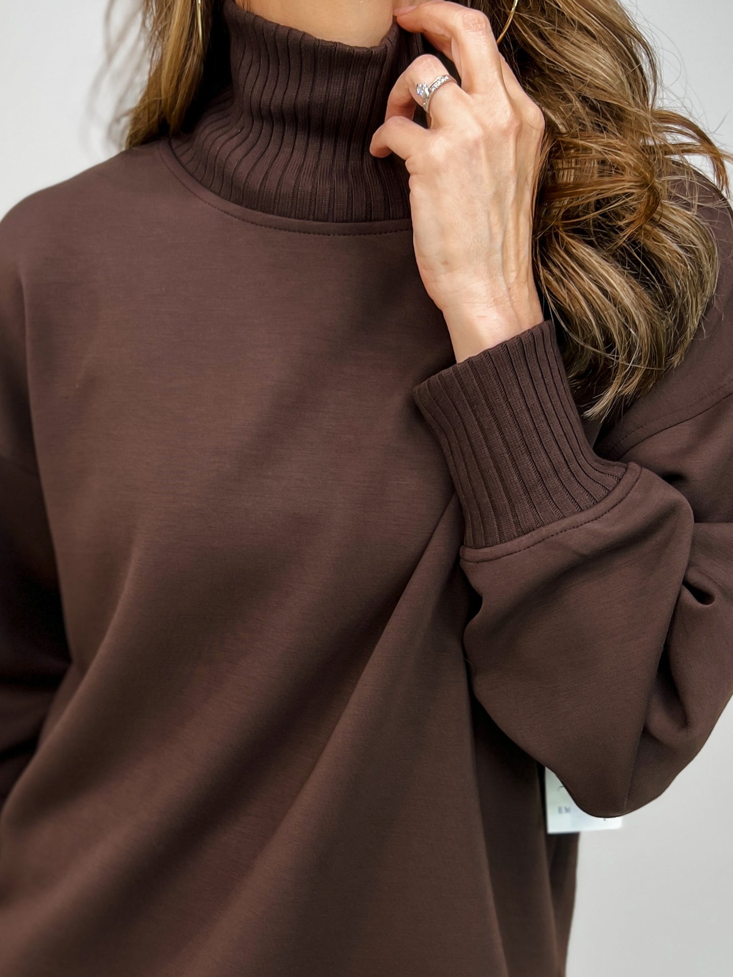 Modal Scuba Ribbed Mock Neck Pullover in Espresso