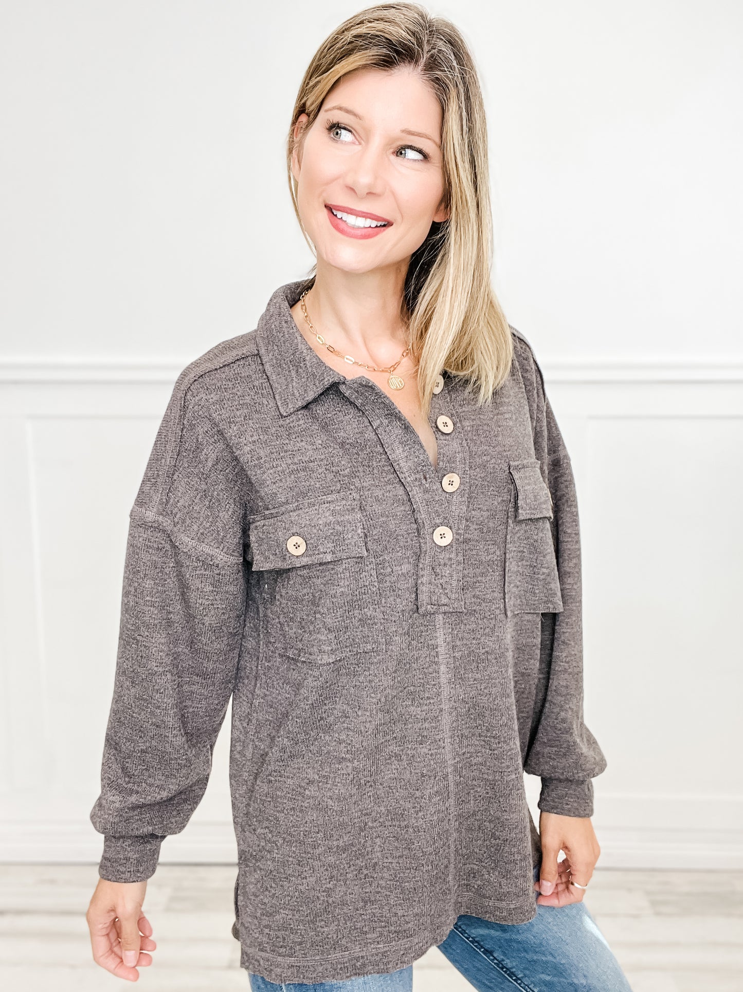 Collared Button Down Henley Knit Top With Pockets