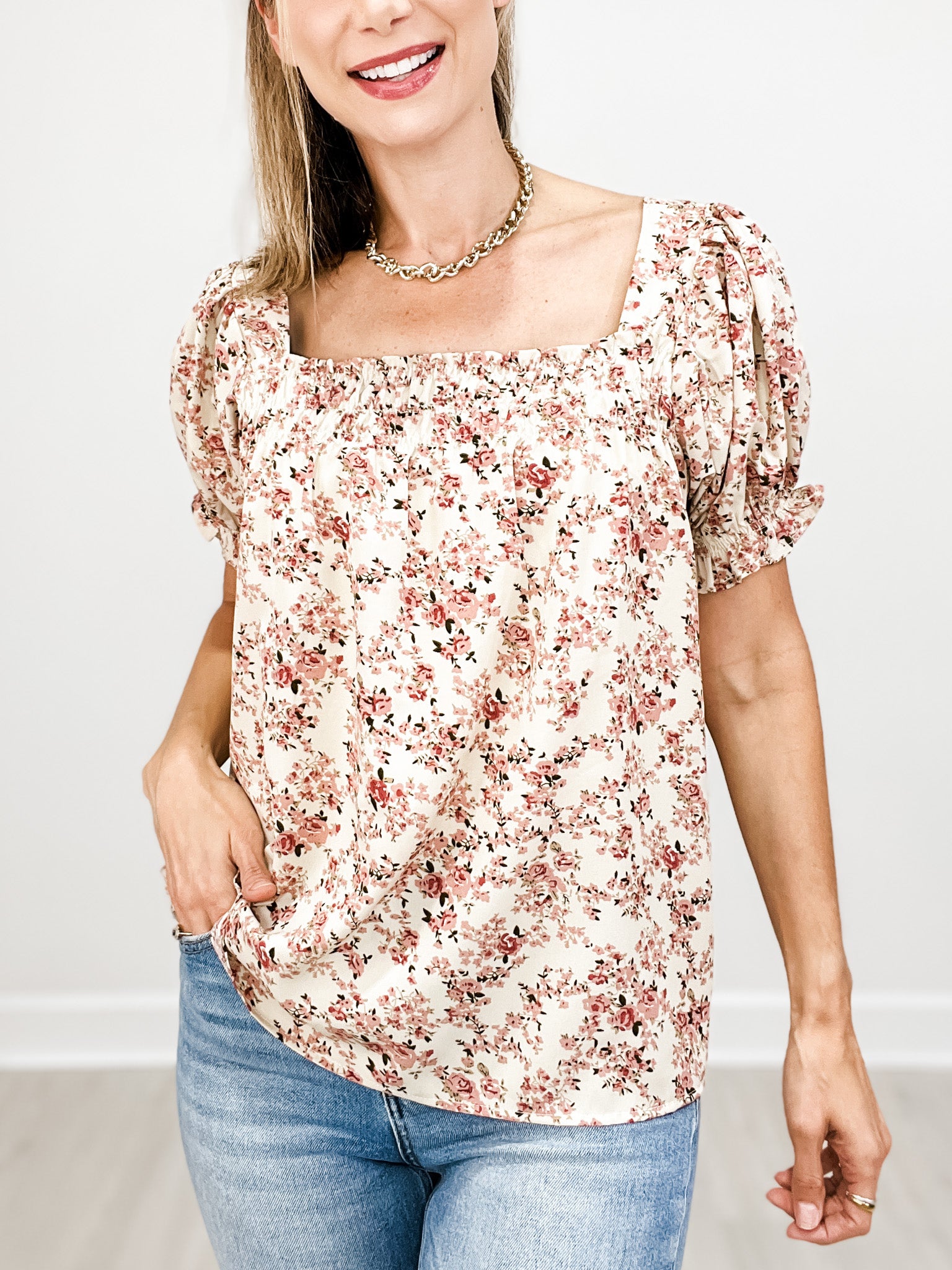 Puff Short Sleeve Square Neckline Floral Print Top