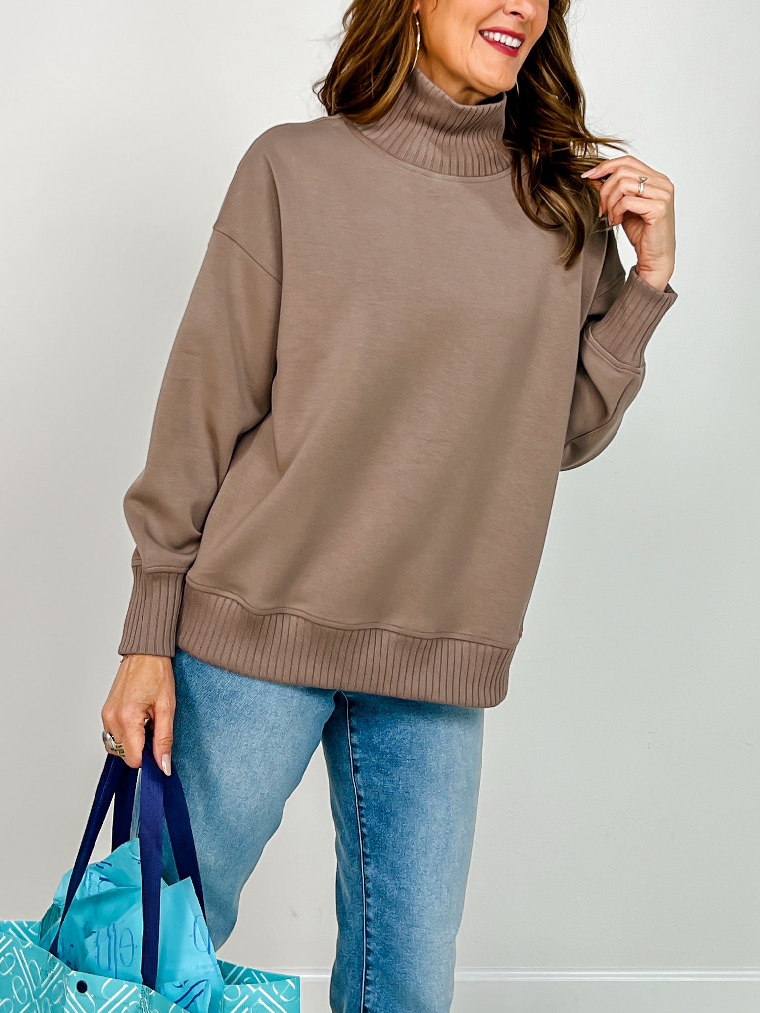 Modal Scuba Ribbed Mock Neck Pullover in Mocha