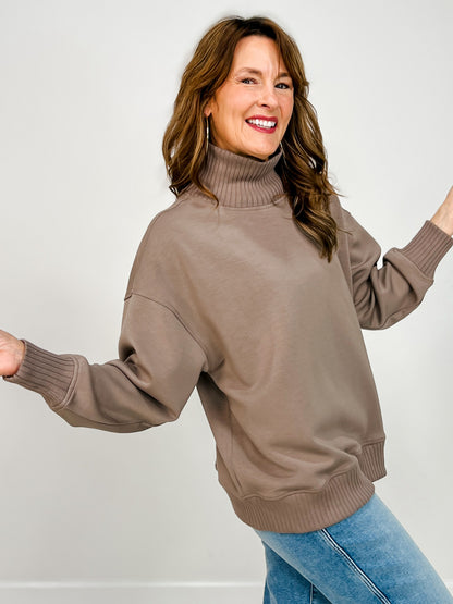 Modal Scuba Ribbed Mock Neck Pullover in Mocha