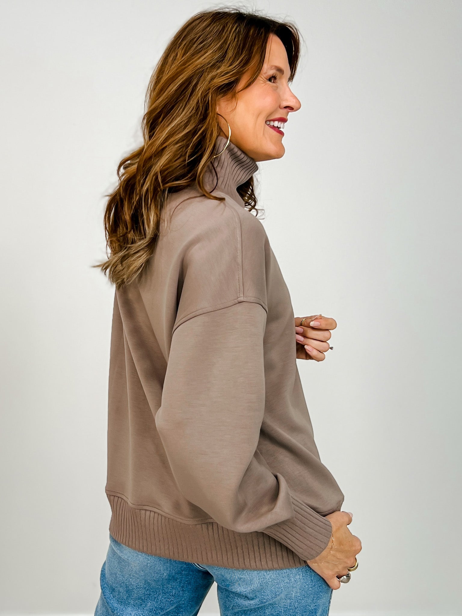 Modal Scuba Ribbed Mock Neck Pullover in Mocha
