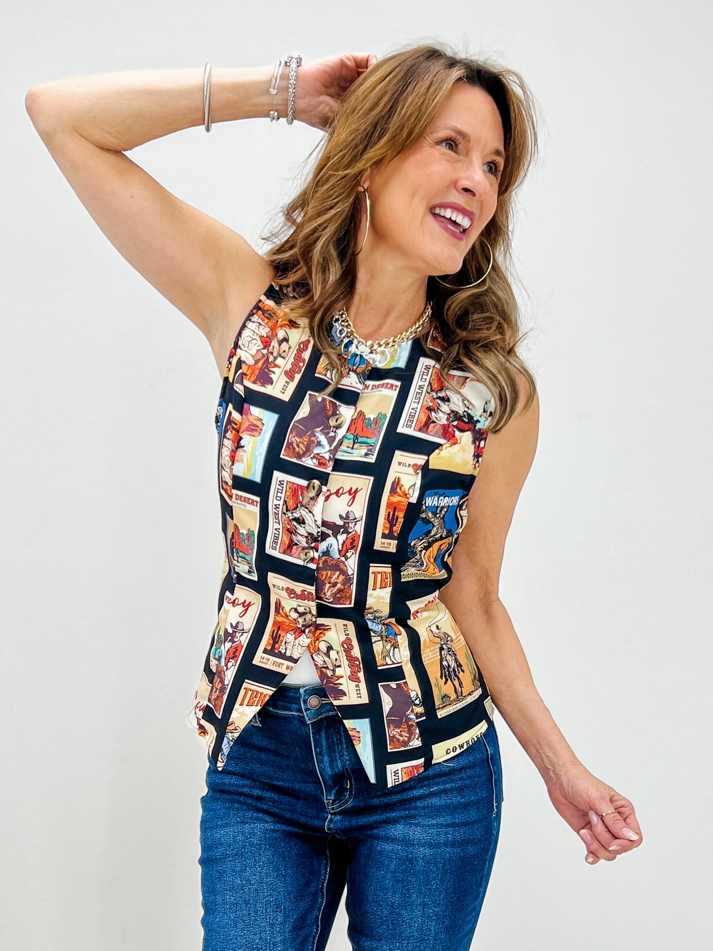 Wild West Western Print Woven Vest