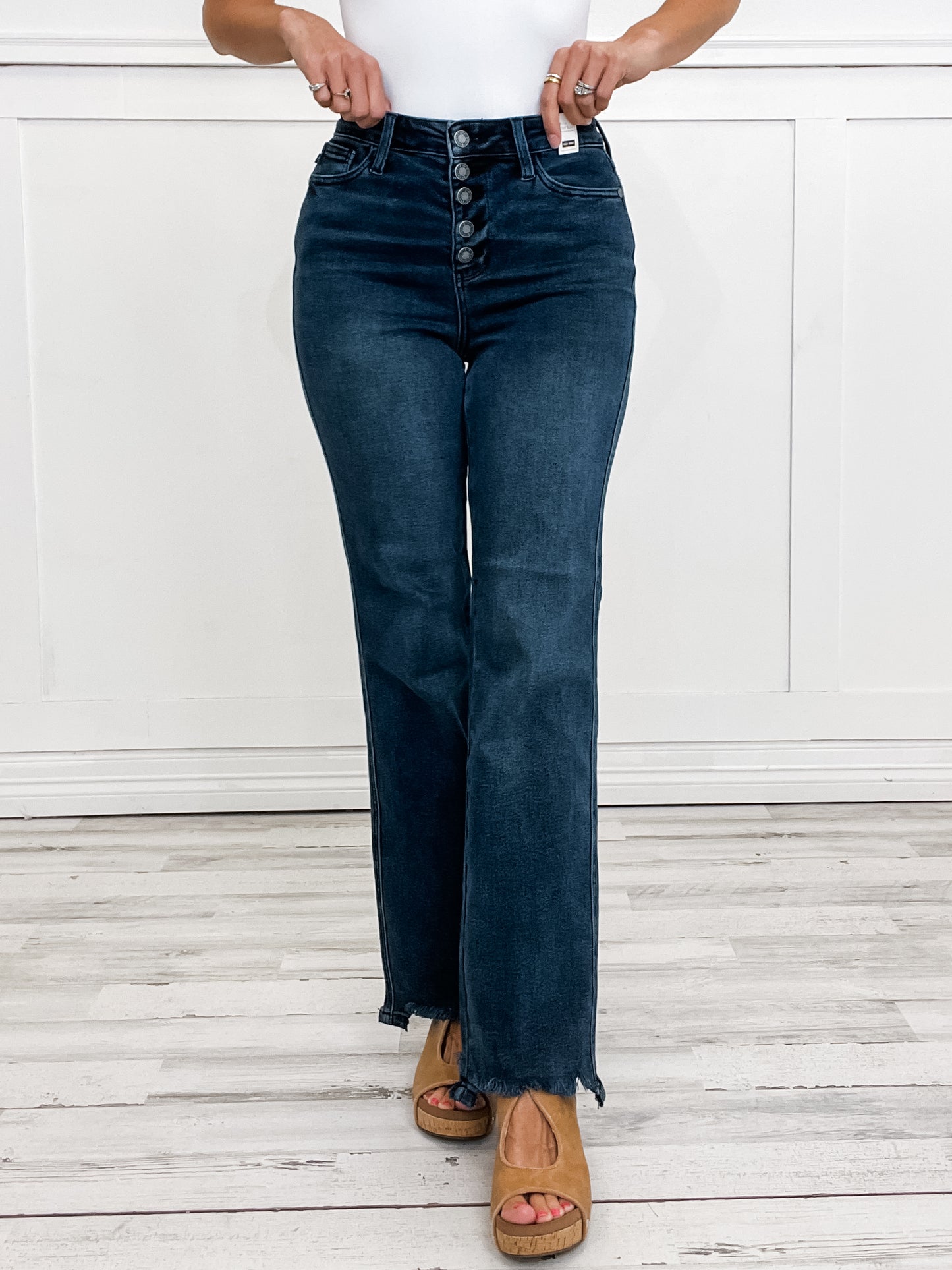 Judy Blue JOURNEY Hi-Rise Button Fly Distressed Hem Straight Denim Jeans