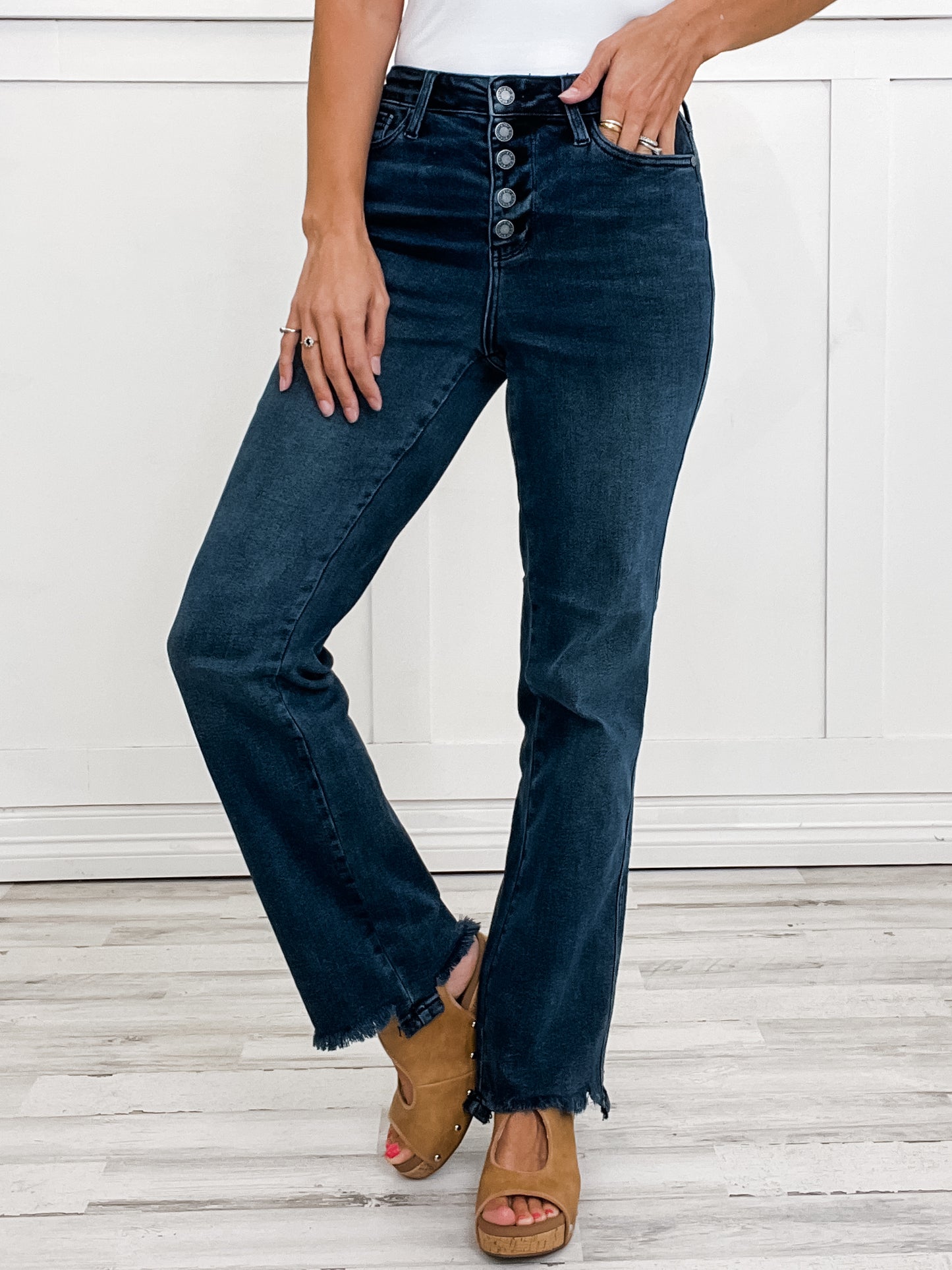 Judy Blue JOURNEY Hi-Rise Button Fly Distressed Hem Straight Denim Jeans