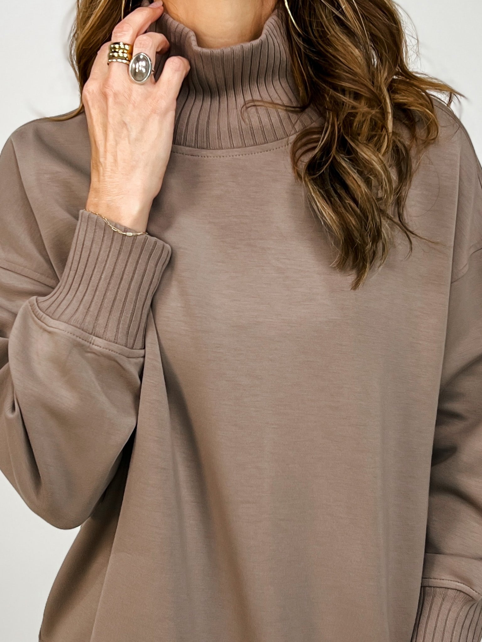 Modal Scuba Ribbed Mock Neck Pullover in Mocha