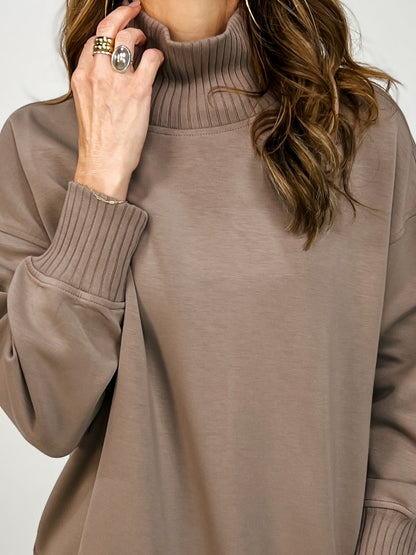 Modal Scuba Ribbed Mock Neck Pullover in Mocha