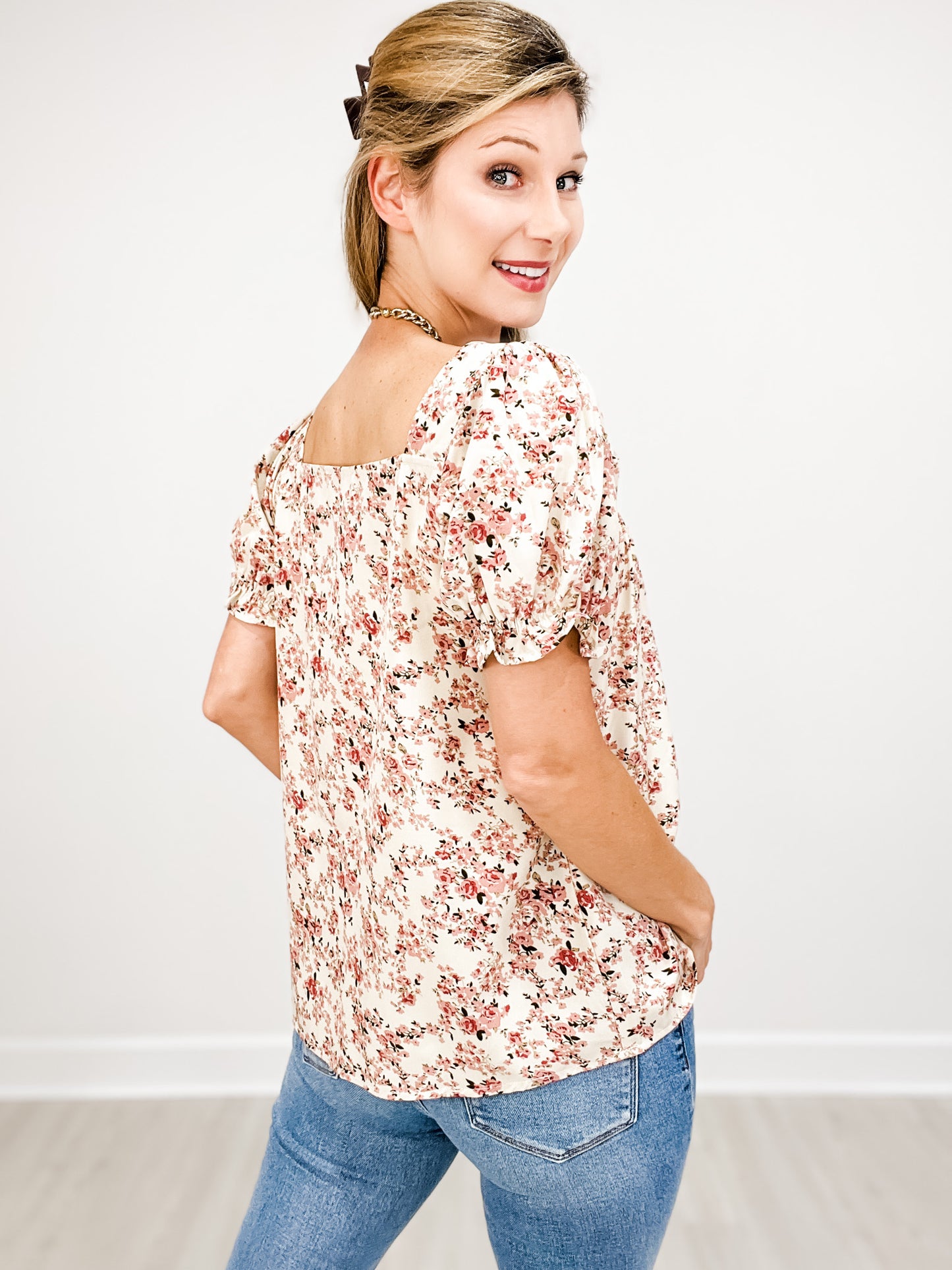 Puff Short Sleeve Square Neckline Floral Print Top