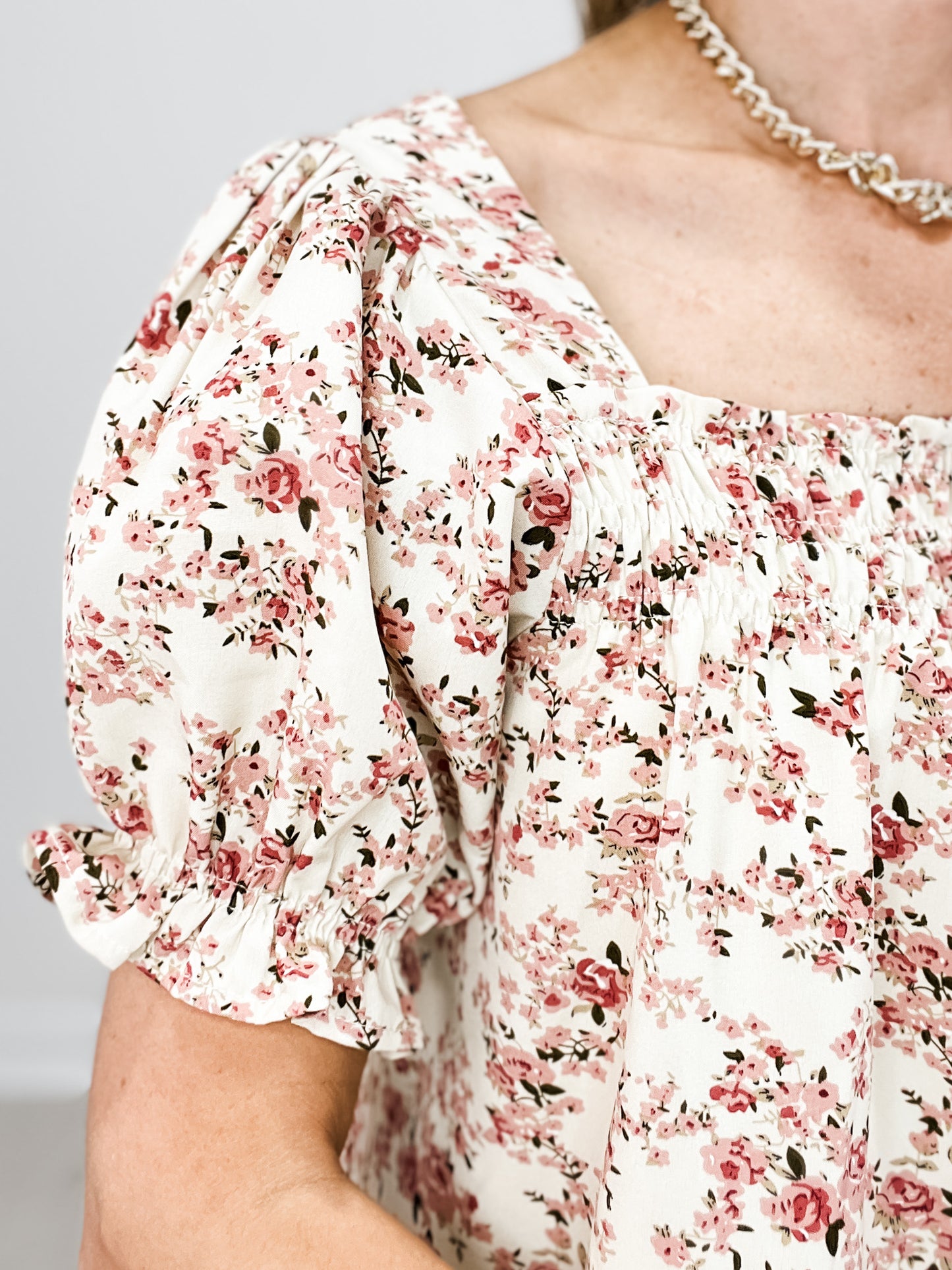 Puff Short Sleeve Square Neckline Floral Print Top