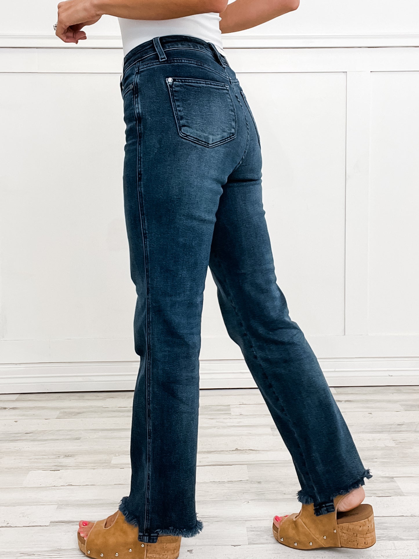 Judy Blue JOURNEY Hi-Rise Button Fly Distressed Hem Straight Denim Jeans