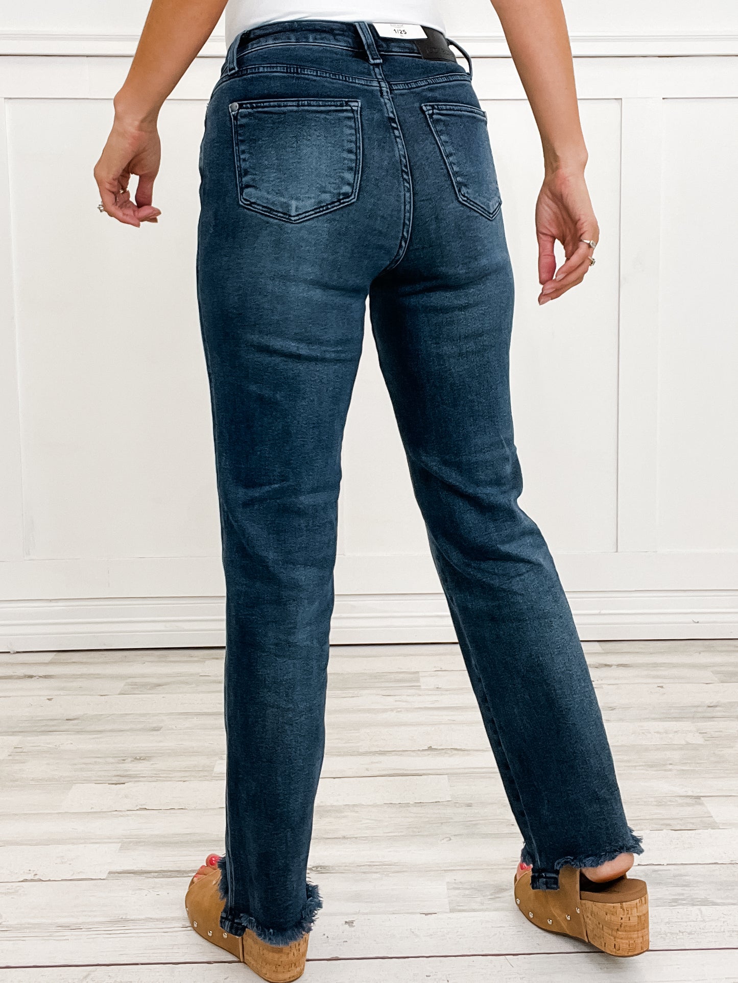 Judy Blue JOURNEY Hi-Rise Button Fly Distressed Hem Straight Denim Jeans