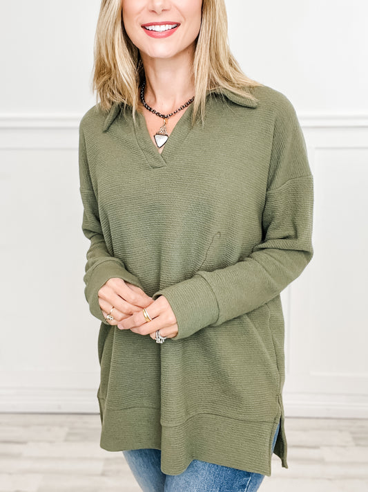 Long Sleeve Collared V-Neck Tunic Length Top - Group B