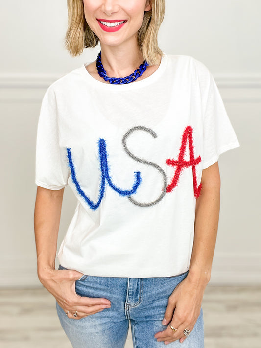 USA METALLIC LETTER SHORT DOLMAN SLEEVE TOP