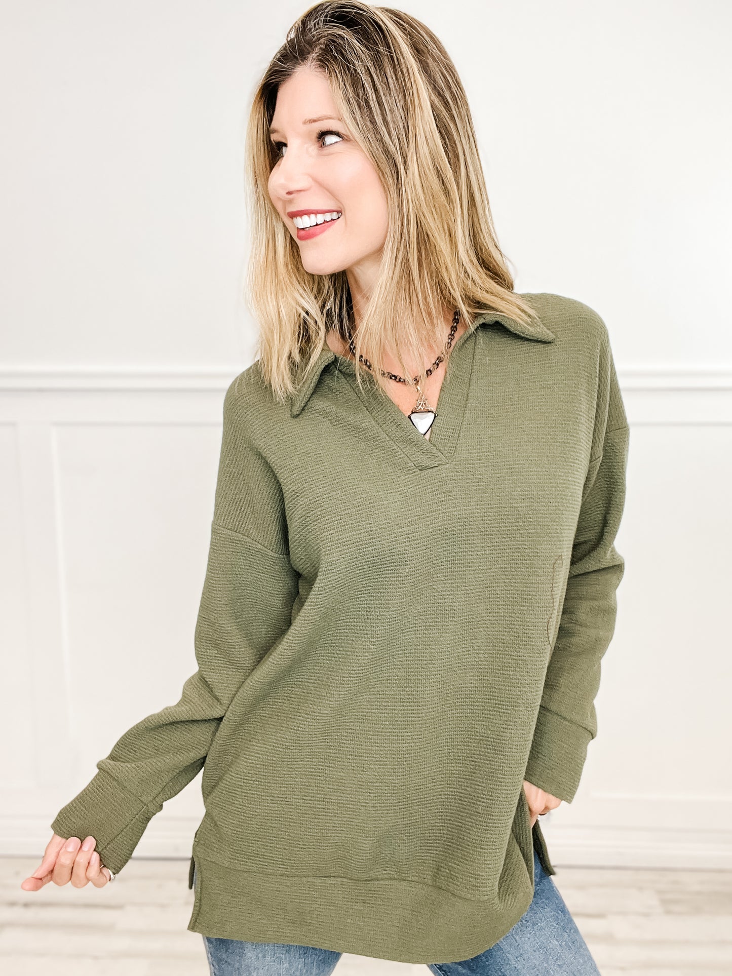 Long Sleeve Collared V-Neck Tunic Length Top - Group B