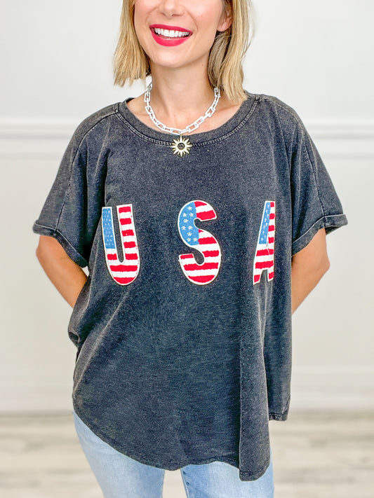 USA LETTER PATCHES VINTAGE WASHED SHORT SLEEVE TOP