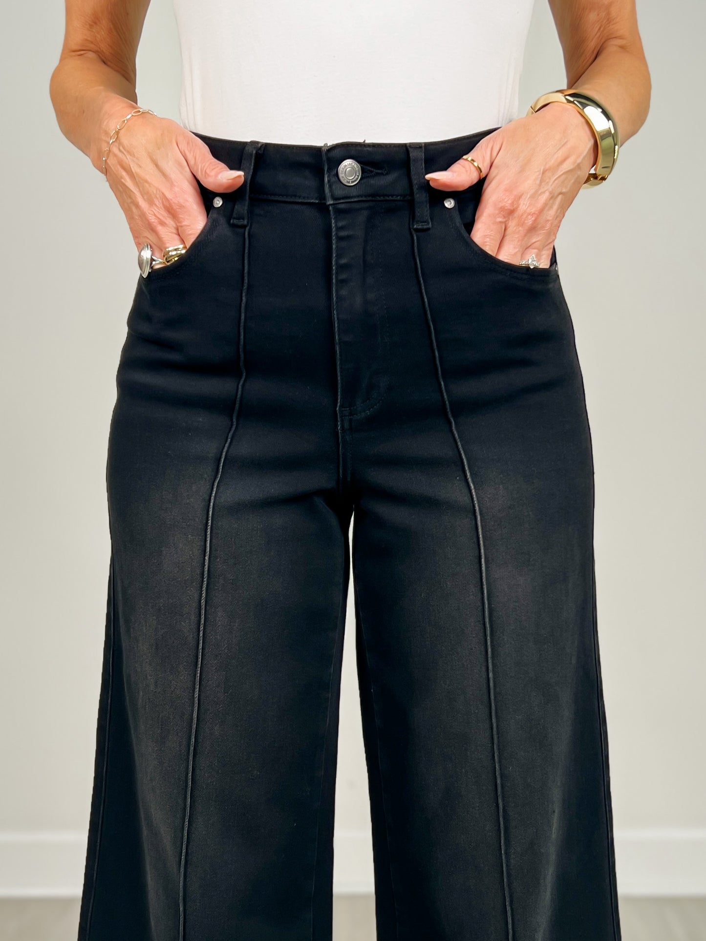 Stretch High Rise Pin Tuck Detail Wide Leg Jean