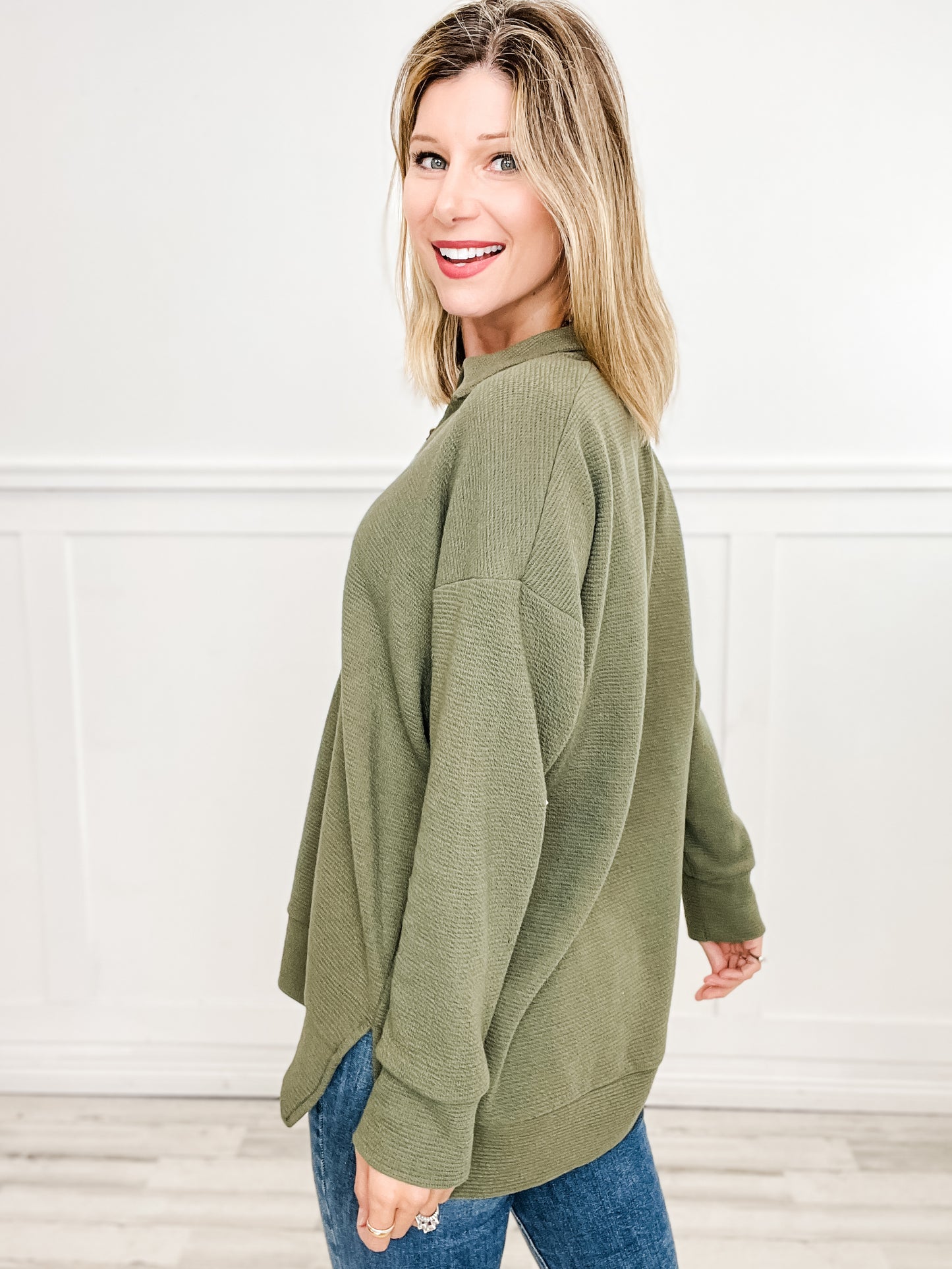 Long Sleeve Collared V-Neck Tunic Length Top - Group B