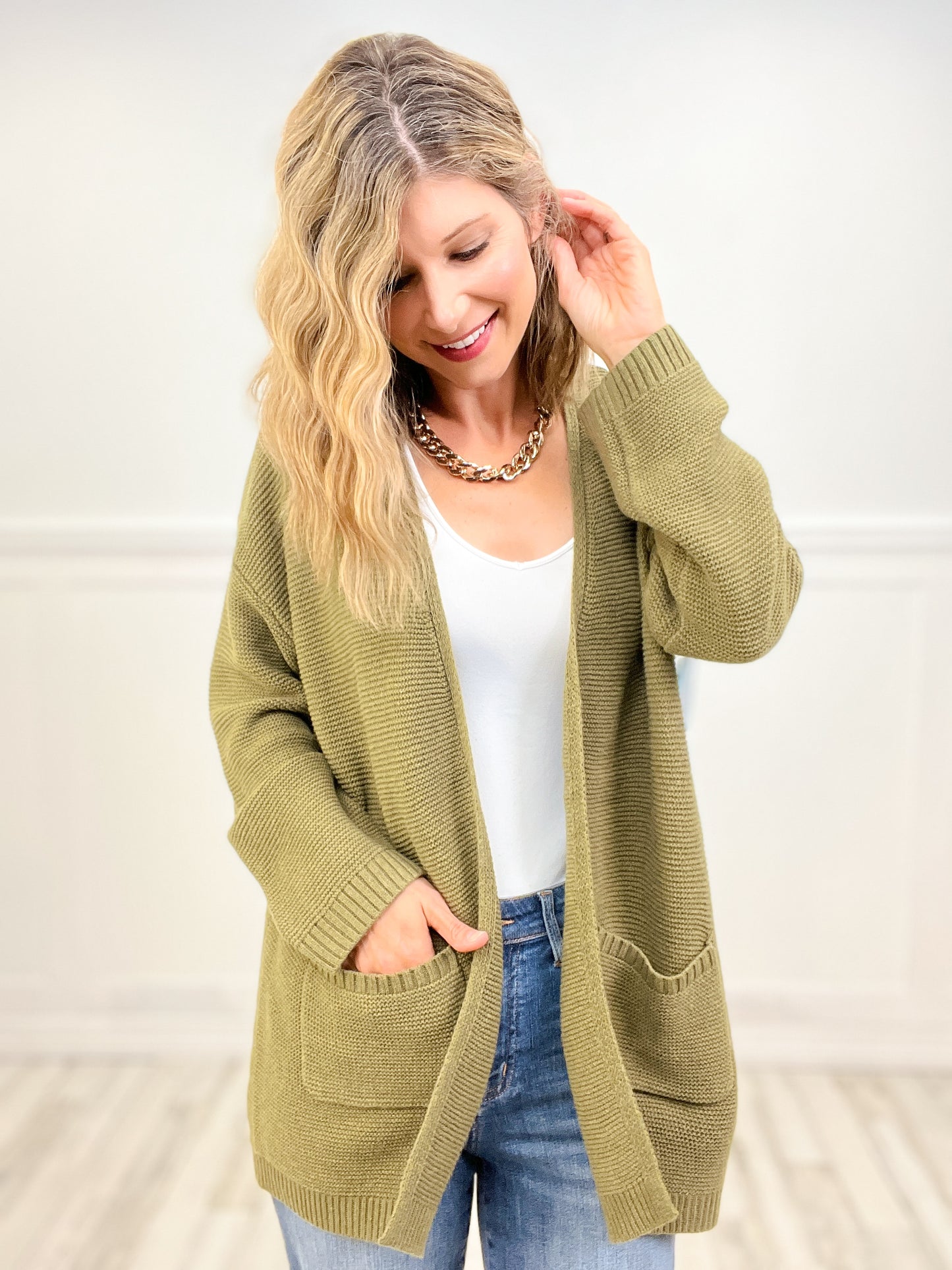 A Dime a Dozen Open Front Soft Sweater Cardigan with Front Pockets