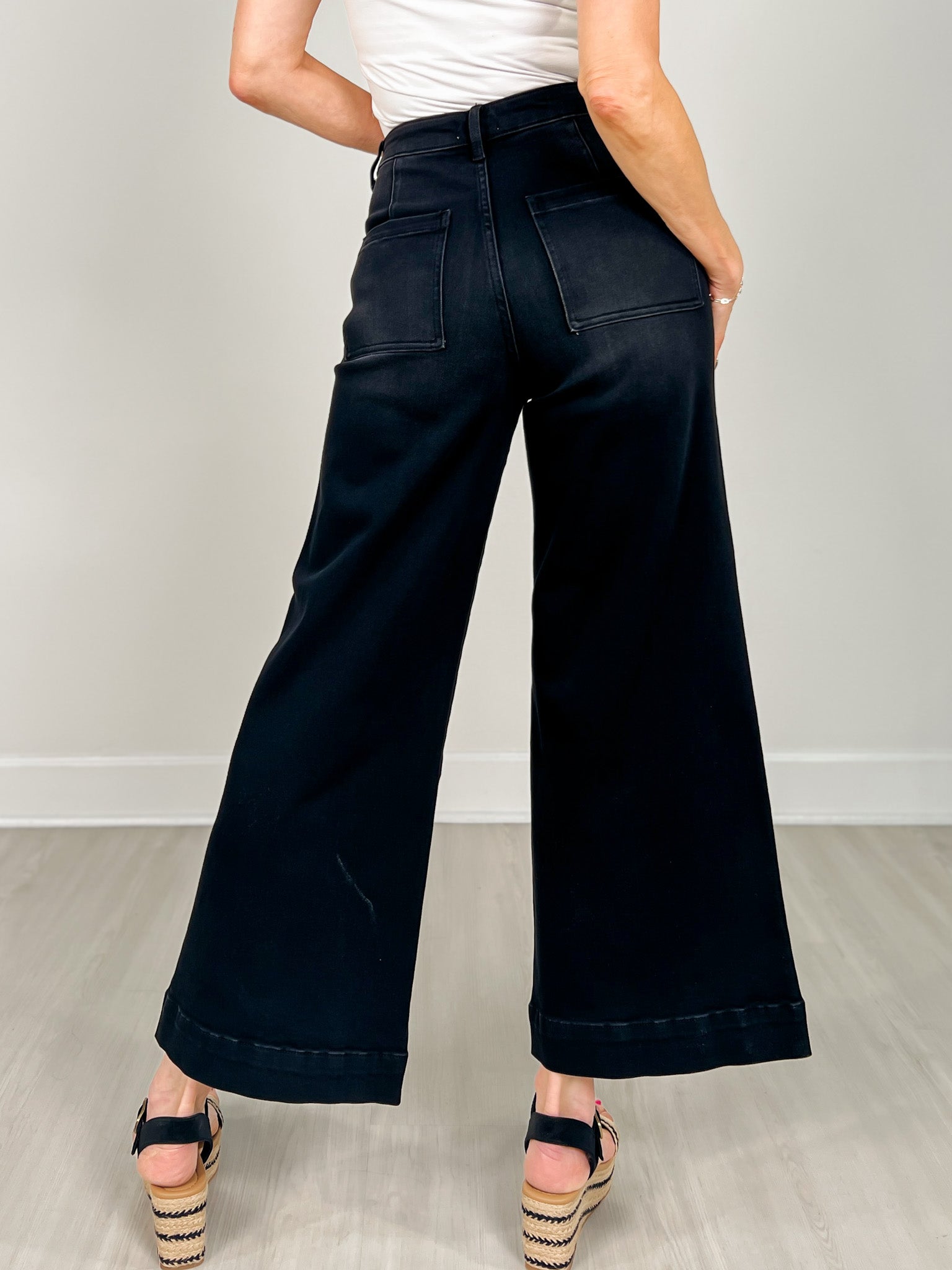 Stretch High Rise Pin Tuck Detail Wide Leg Jean