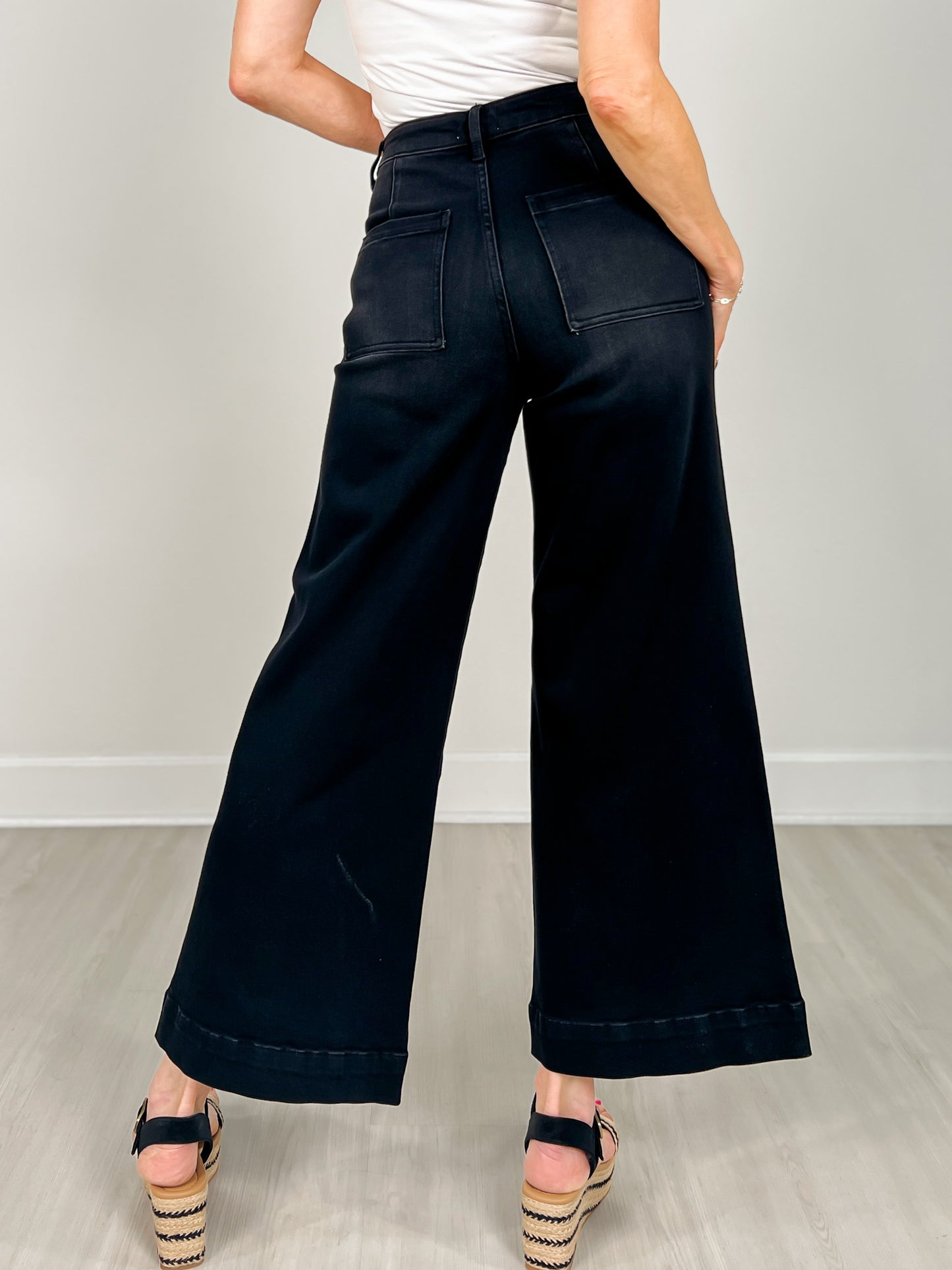 Stretch High Rise Pin Tuck Detail Wide Leg Jean