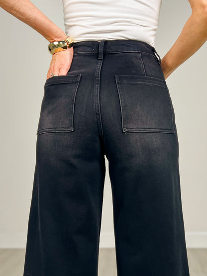 Stretch High Rise Pin Tuck Detail Wide Leg Jean
