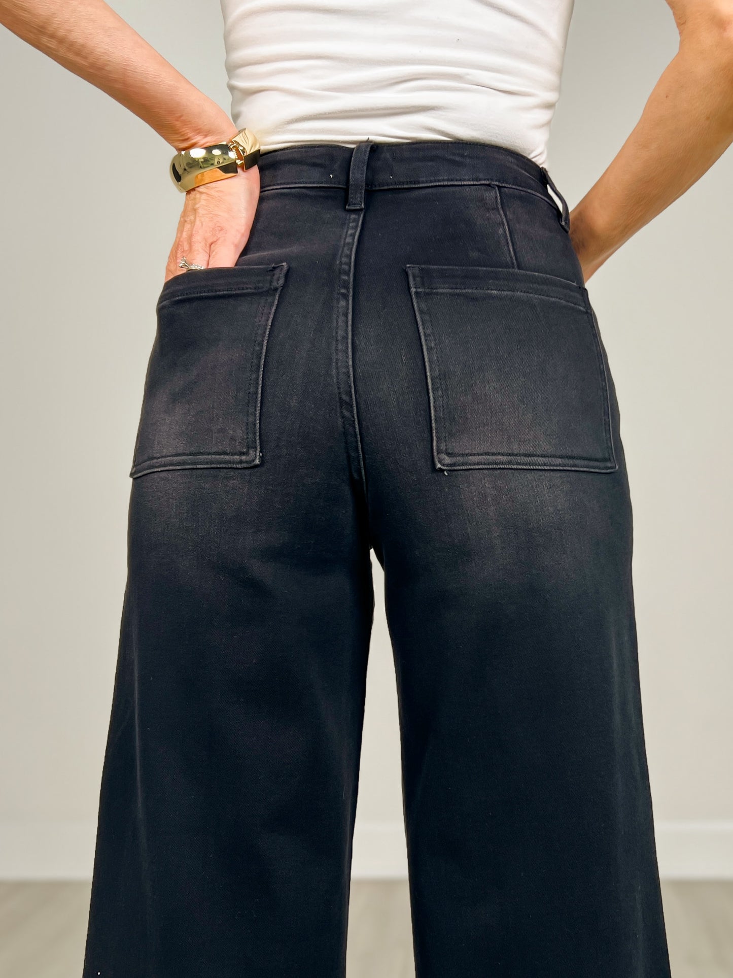 Stretch High Rise Pin Tuck Detail Wide Leg Jean