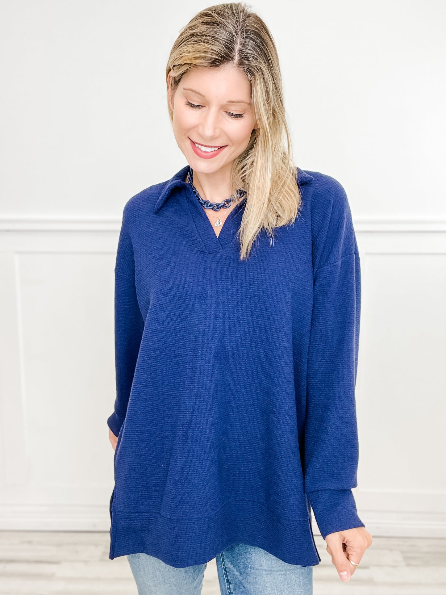 Long Sleeve Collared V-Neck Tunic Length Top - Group B