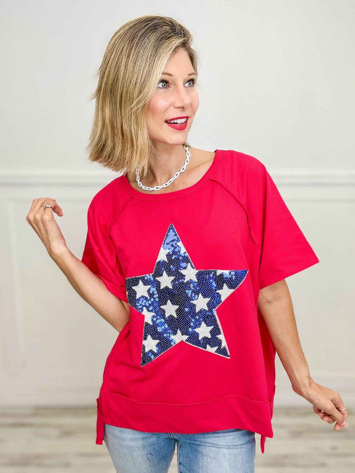 Americana Sequins Over Sized Short Sleeve Star Top