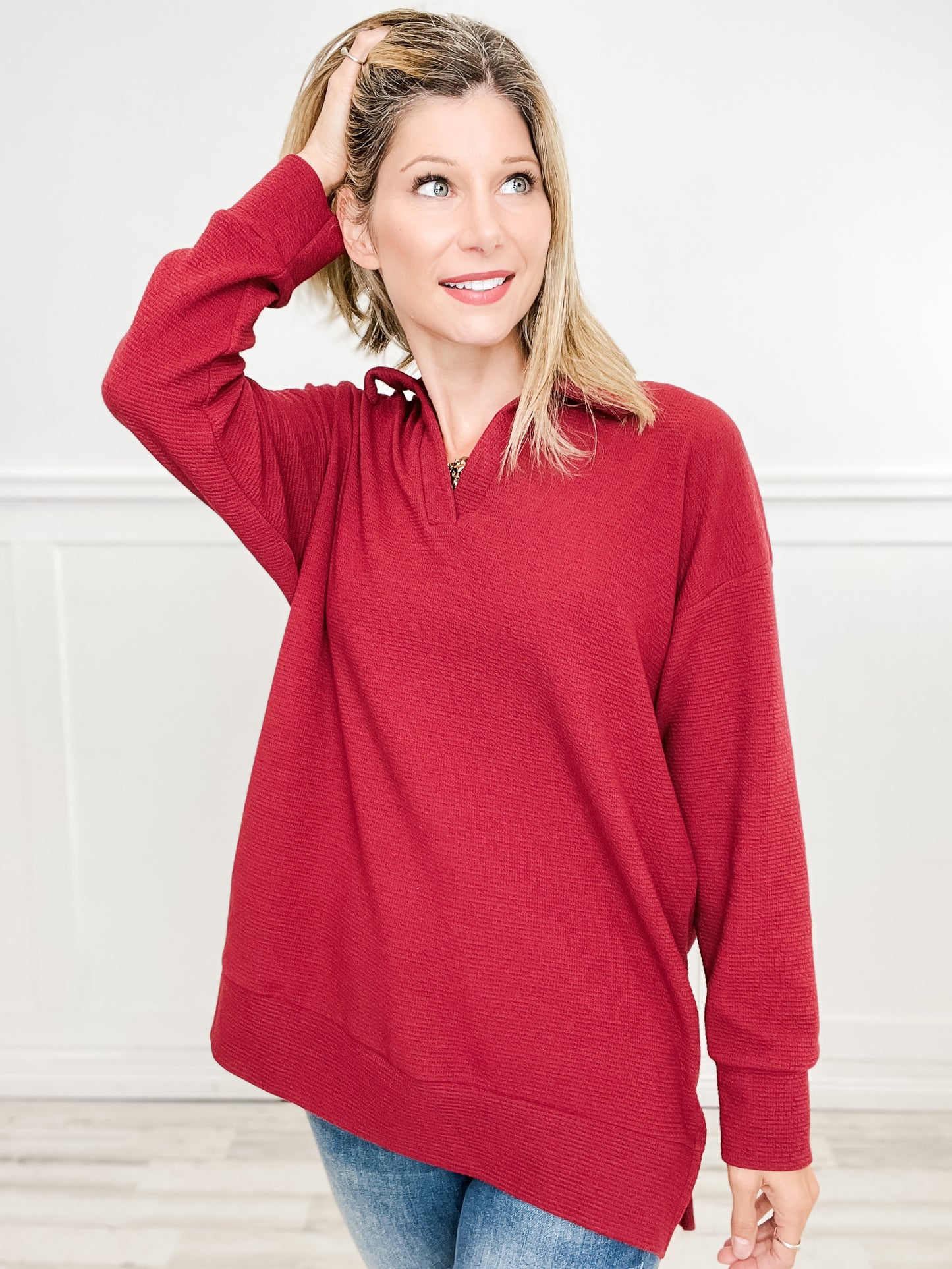 Long Sleeve Collared V-Neck Tunic Length Top - Group A