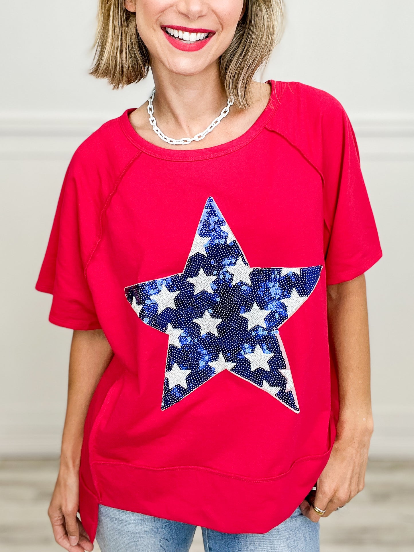 Americana Sequins Over Sized Short Sleeve Star Top