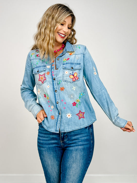 Sketchbook Embroidered Denim Button Down Collared Top