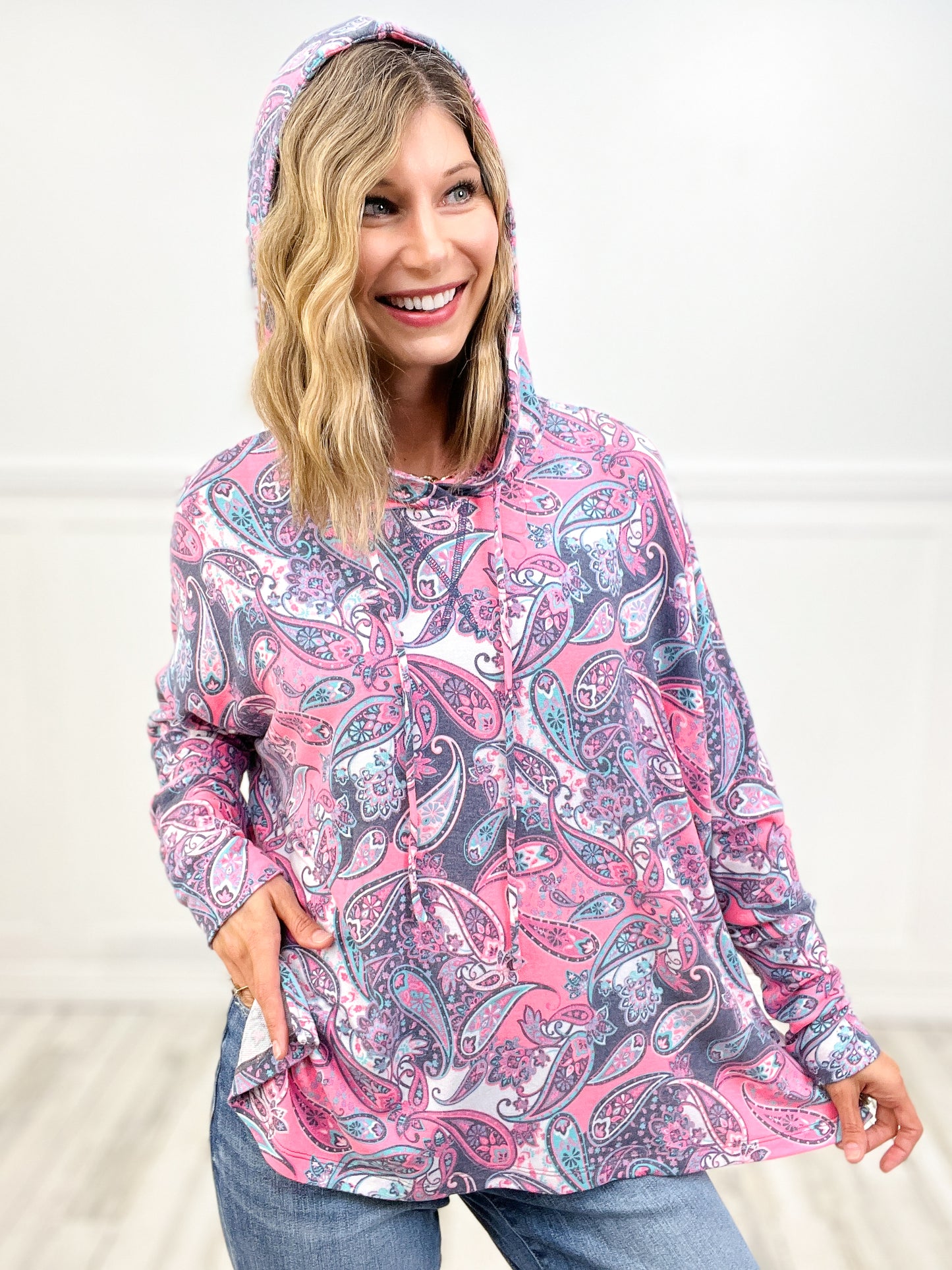 Good Vibes Long Sleeve Patterned Hoodie Top