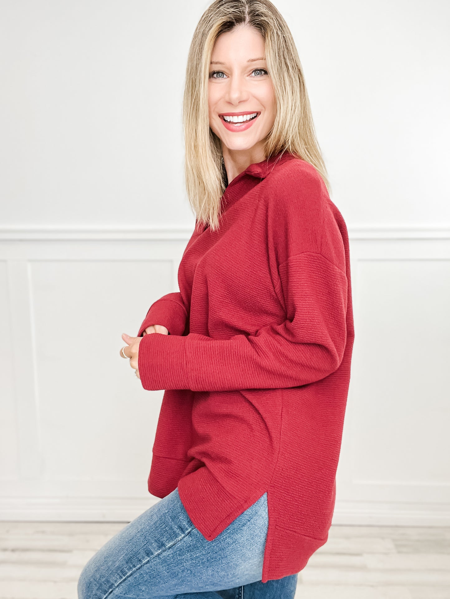 Long Sleeve Collared V-Neck Tunic Length Top - Group A