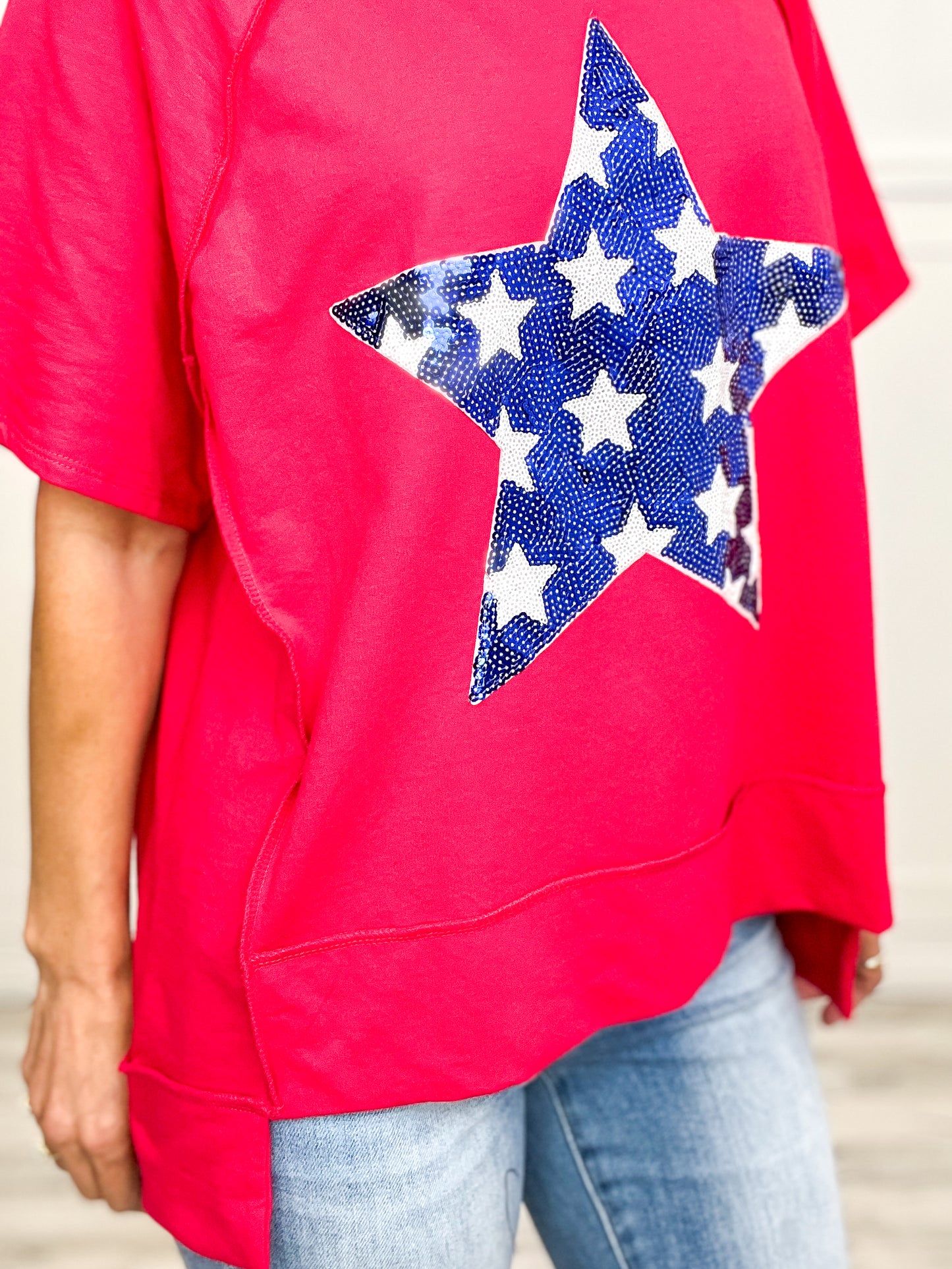 Americana Sequins Over Sized Short Sleeve Star Top