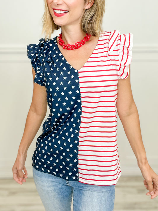 American Flag Color Block Sleeveless Ruffled Sleeve Top