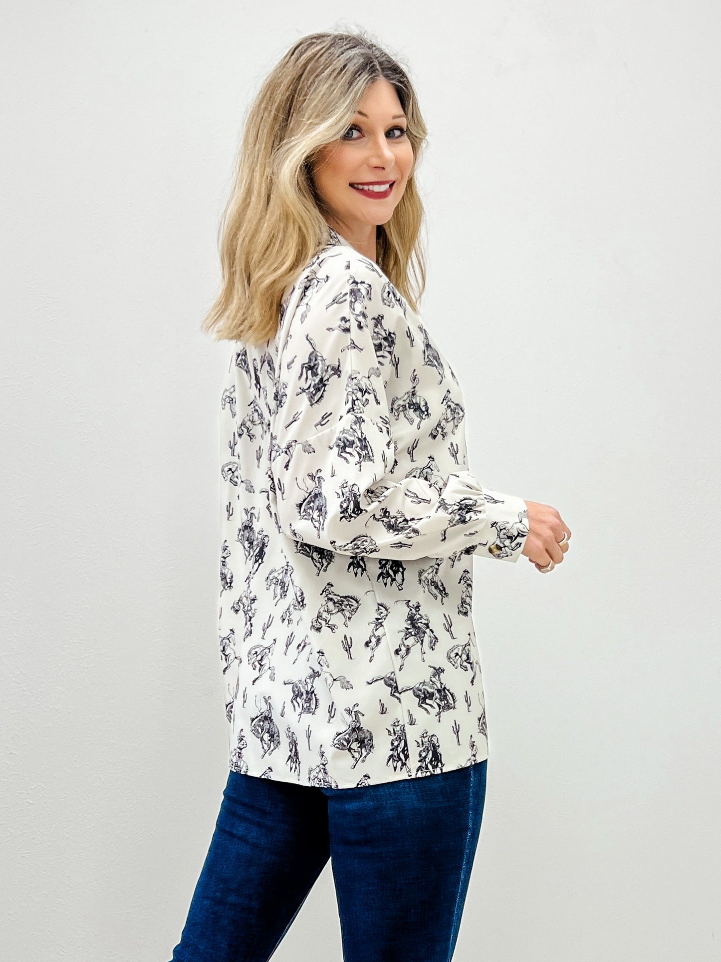 Bucking Horses Print Woven Button Down Top