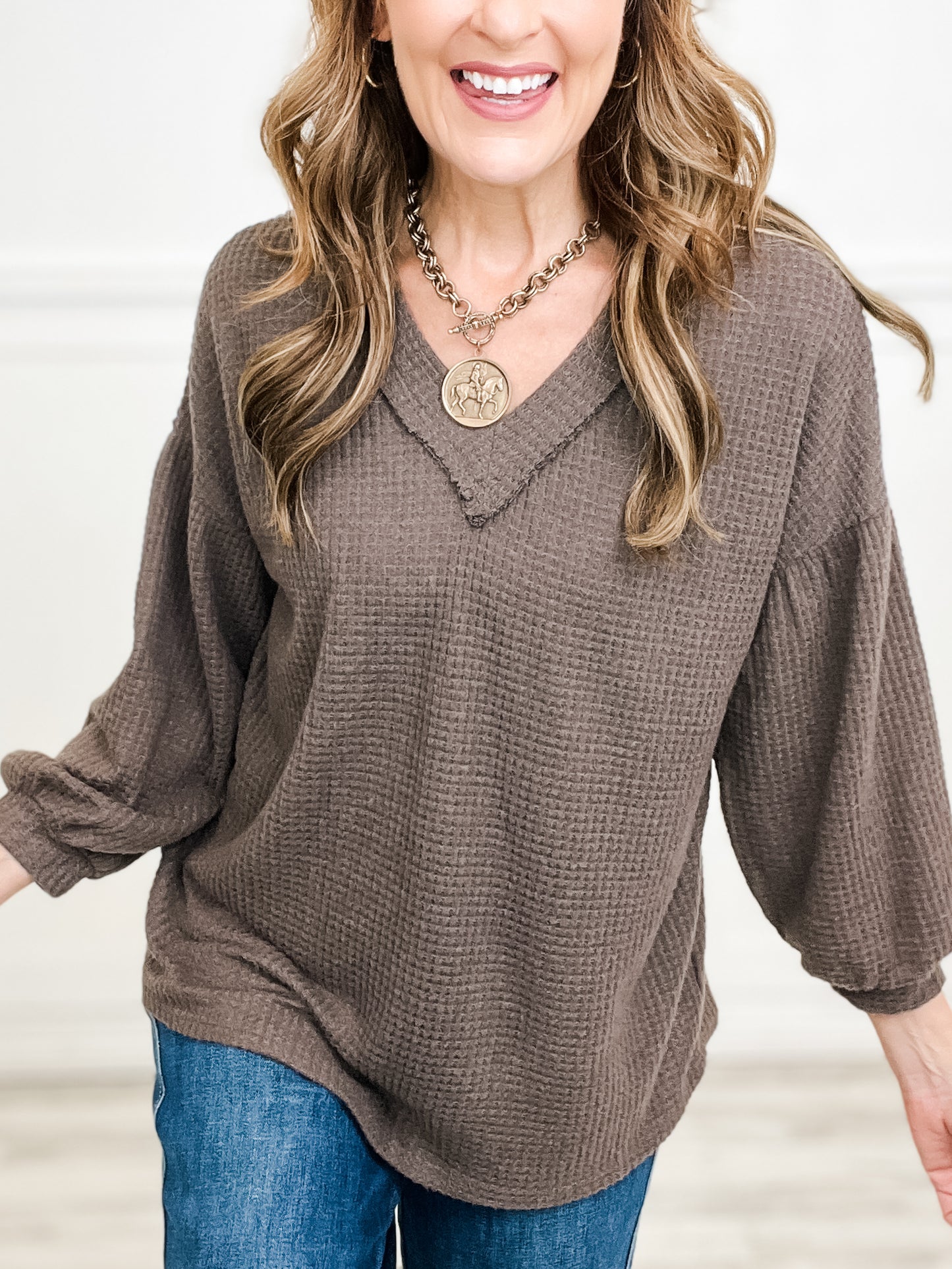 Long Sleeve V-Neck Waffle Brush Fabric Detail-Dallas Live