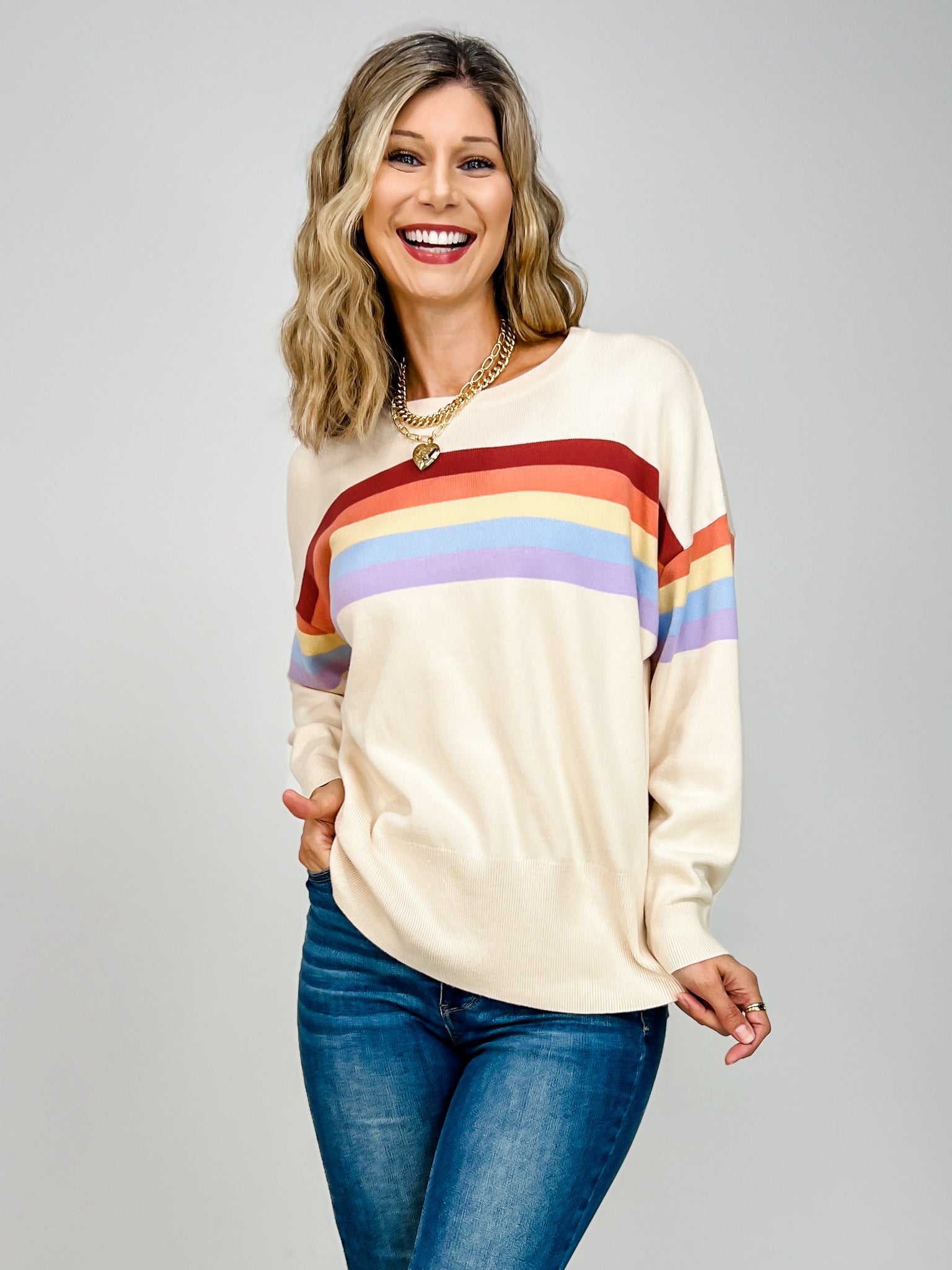 Round Neck Knit Sweater With Multi Stripe Detail